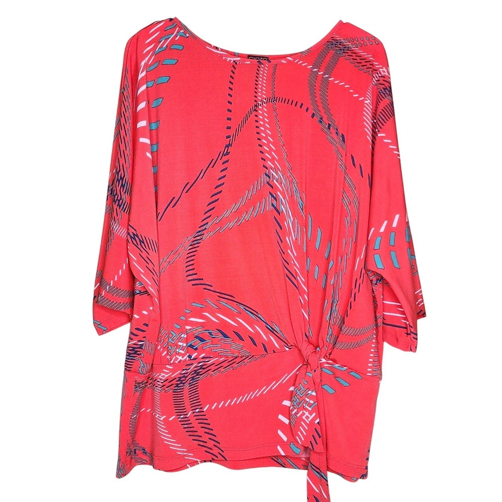 Clara Sun Woo Blouse XL Coral 3/4 Dolman Sleeve Tie Front Stretch Lagenlook‎ Art